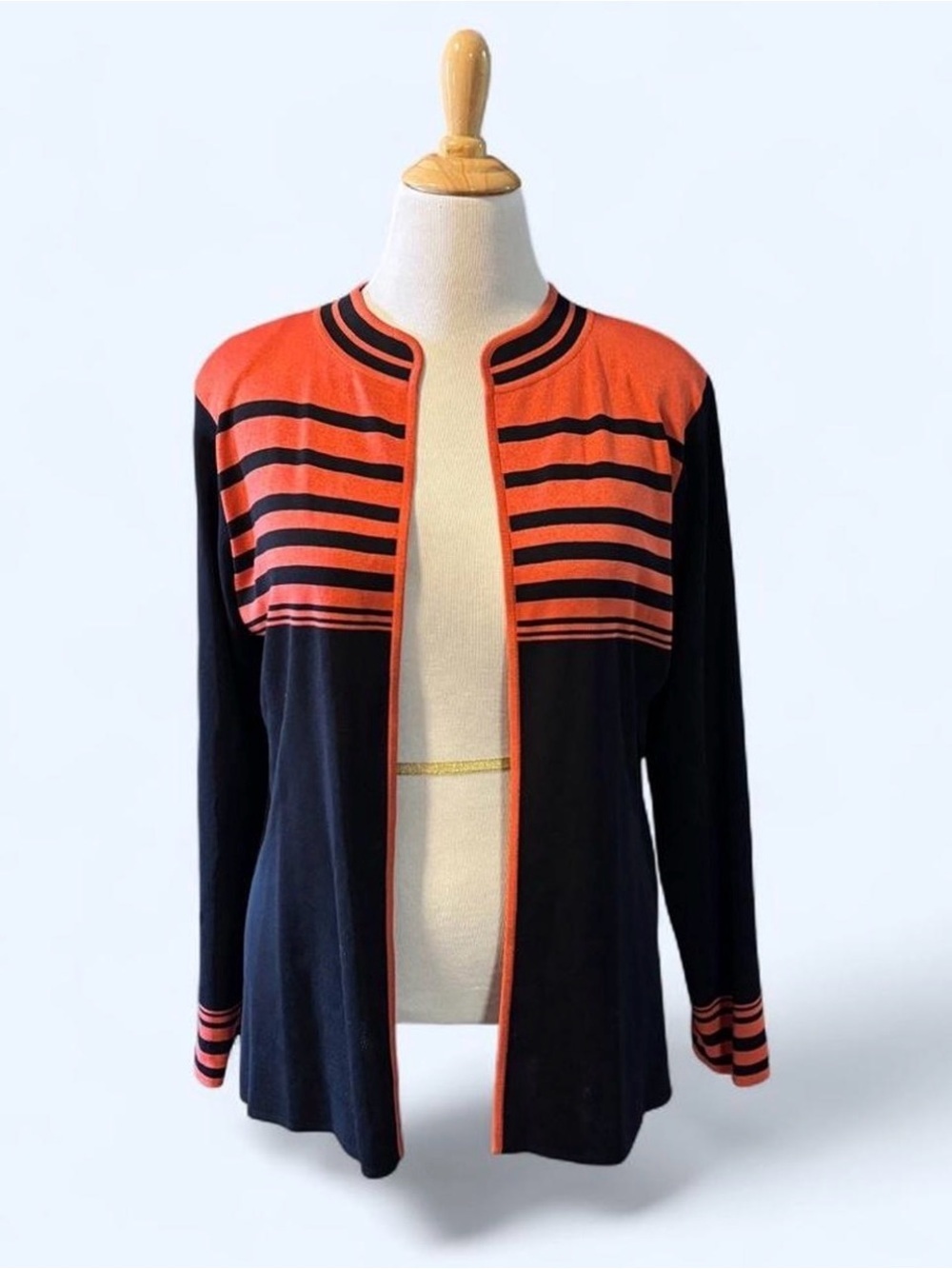 Misook Women’s L Open Knit Shrug Cardigan Black Orange Striped Lightweight